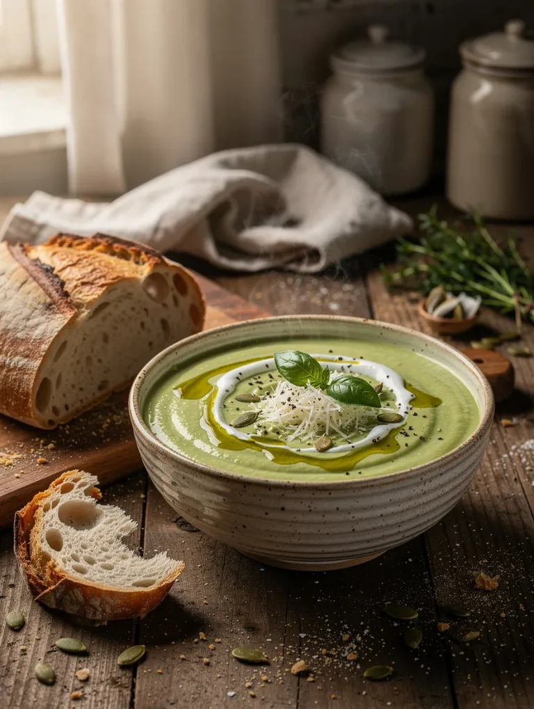 Creamy zucchini soup garnished with Parmesan cheese, fresh basil, pumpkin seeds, a swirl of cream, olive oil, and black pepper, served with rustic artisan bread.