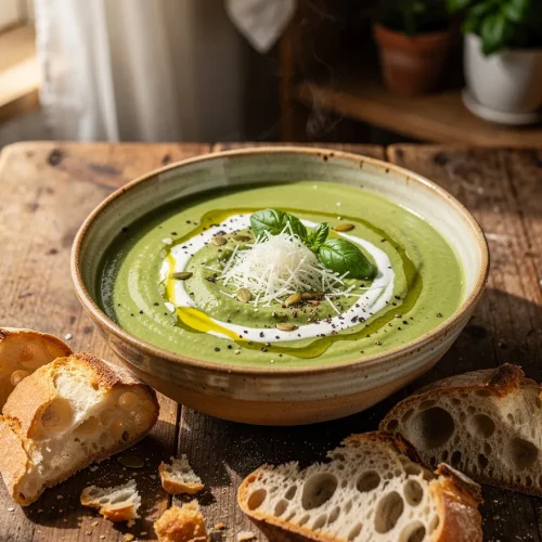 Creamy zucchini soup topped with grated Parmesan, fresh basil, pumpkin seeds, olive oil, and a swirl of cream, served with slices of crusty artisan bread on a rustic wooden table.